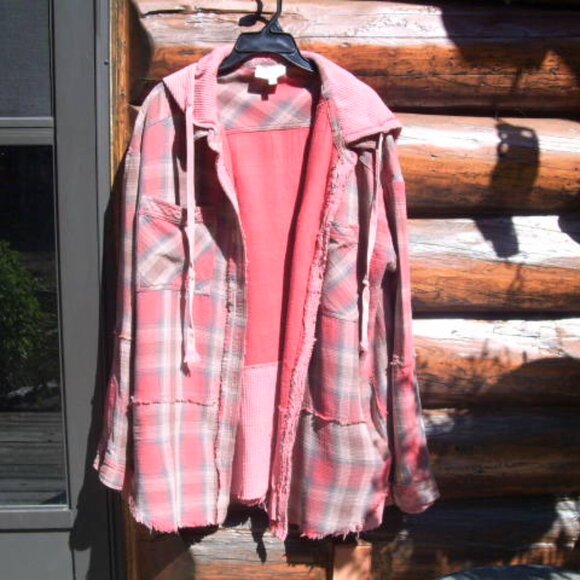 Oli & Hali Tops - Oli & Hali Plaid Layered Look Distressed Hoodie Shirt Shacket Raw Edges SZ L/XL